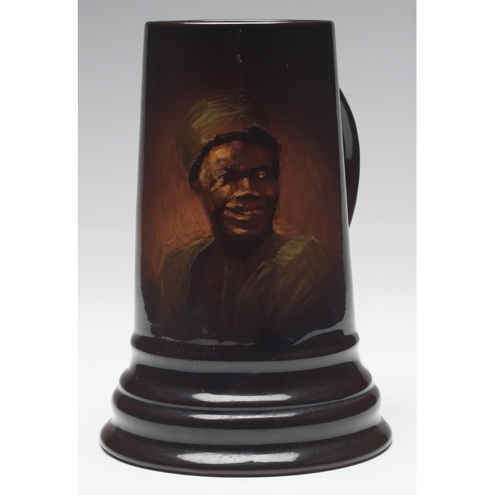 Appraisal: Unusual Weller Louwelsa handled vessel brown glaze nicely painted portrait