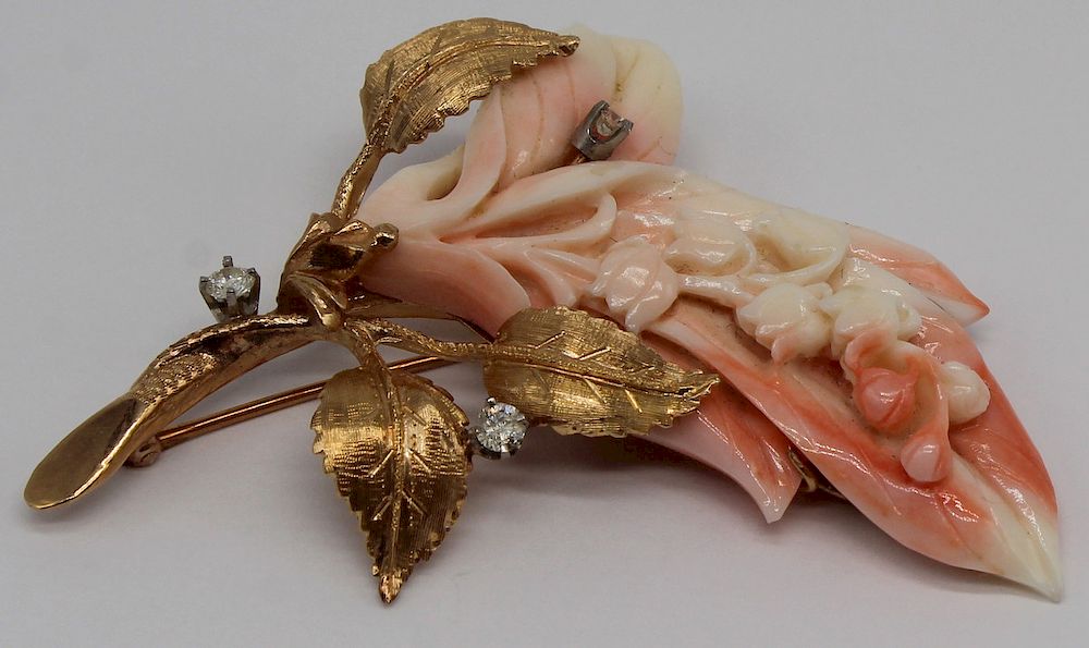 Appraisal: JEWELRY Angel Skin Coral Diamond and kt Gold Brooch Carved