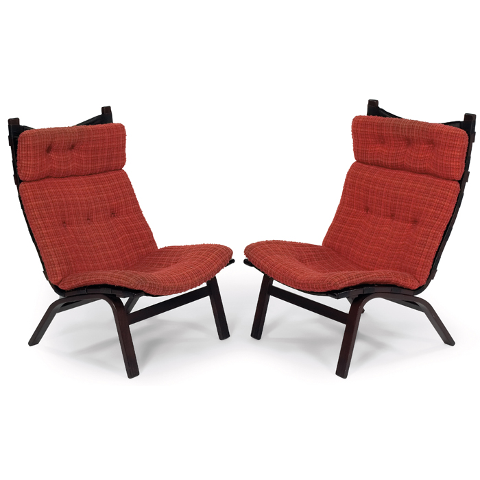 Appraisal: Farstrup lounge chairs pair rosewood frames with dark stain orange