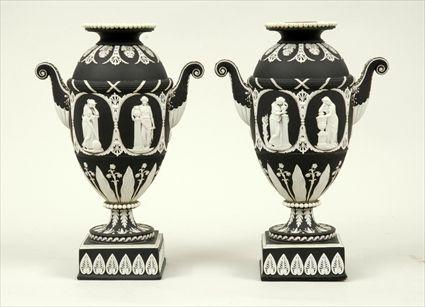 Appraisal: Pair of Wedgwood Black Jasperware Urns Unmarked x in