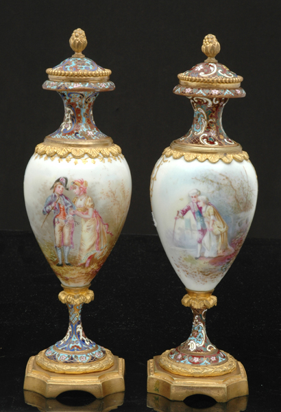 Appraisal: A PAIR OF FRENCH PORCELAIN CHAMPLEVE ENAMEL AND GILT BRASS