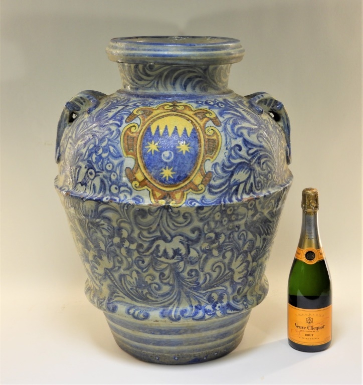 Appraisal: LG ITALIAN TIN GLAZED FAIENCE ARMORIAL JARDINIERE Italy th CenturyDecorated