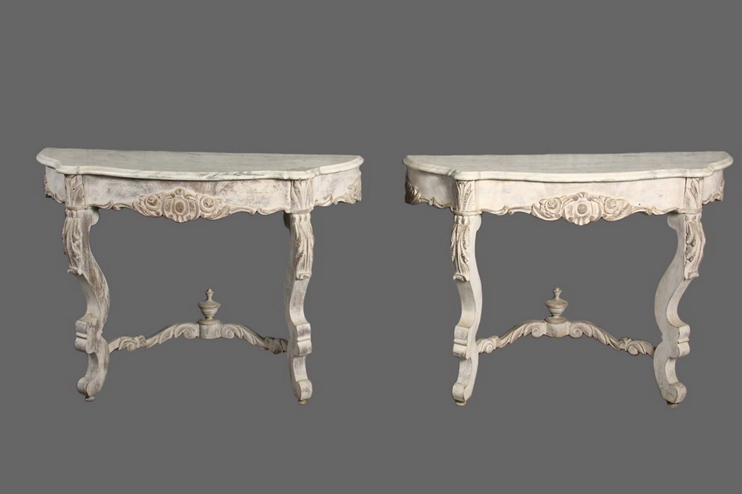 Appraisal: PAIR OF CONSOLE TABLES Carved and Whitewashed Victorian Wall-Mount Demilune