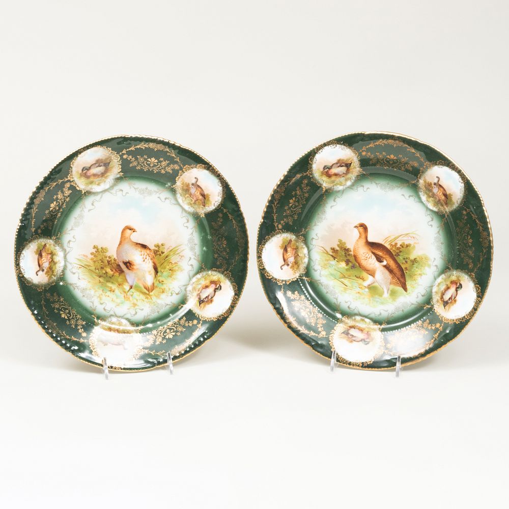 Appraisal: Pair of Bavarian Green Ground Cabinet Plates Decorated with Grouse