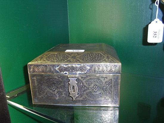 Appraisal: AN ISLAMIC BRASS RECTANGULAR BOX with panels of script across