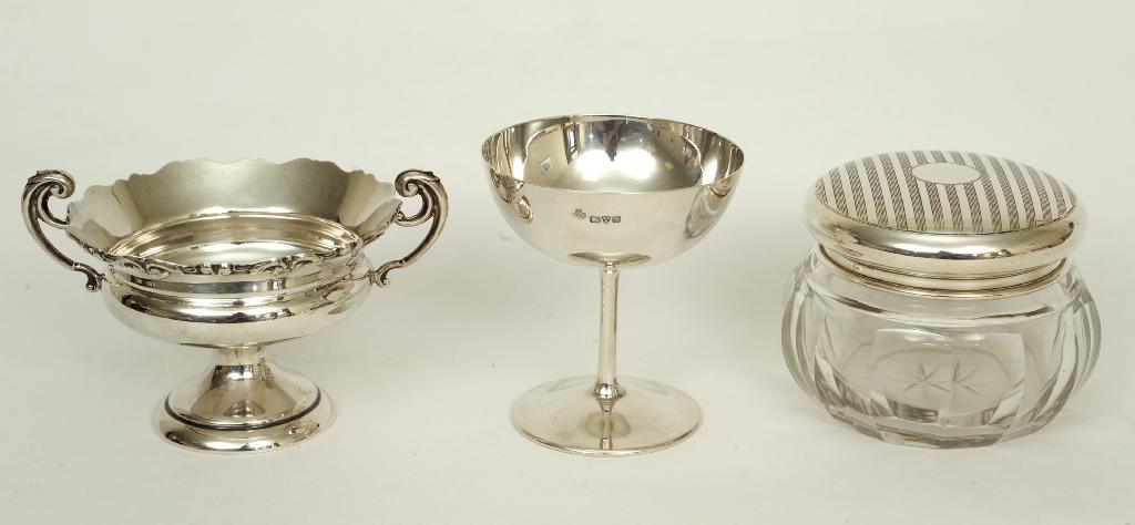 Appraisal: GEORGE V SILVER-TOPPED POWDER BOWL BIRMINGHAM the top with engine-turned