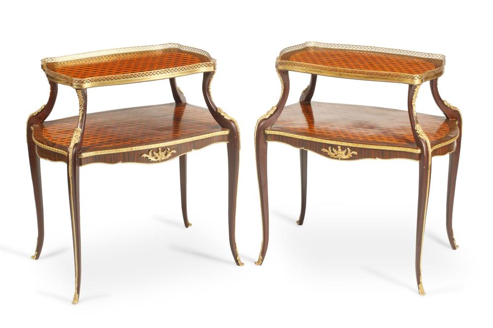 Appraisal: A PAIR OF FRENCH LOUIS XV-STYLE PARQUETRY PASTRY TABLESA pair