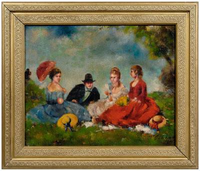 Appraisal: th century painting three finely dressed ladies sitting in meadow