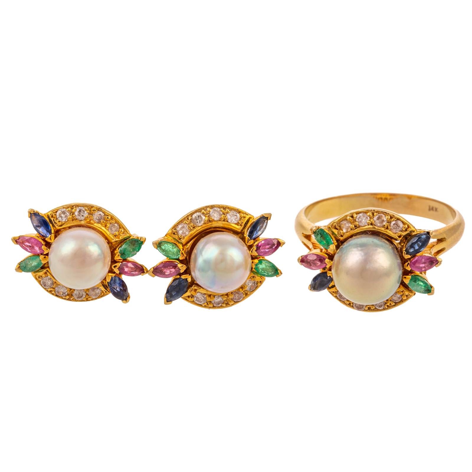 Appraisal: A K PEARL GEMSTONE DIAMOND EARRINGS RINGS K yellow gold