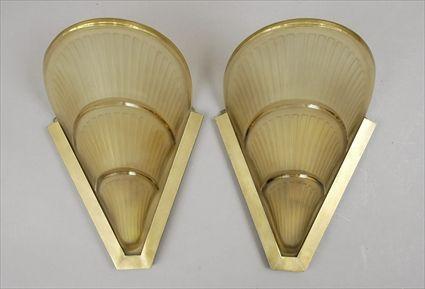 Appraisal: Pair of Art Deco-Style Brass and Frosted Glass Wall Sconces