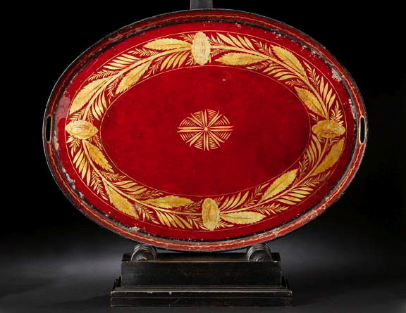 Appraisal: Good Restauration Parcel-Gilt Antique-Red Tole-Peinte Oval Tray second quarter th