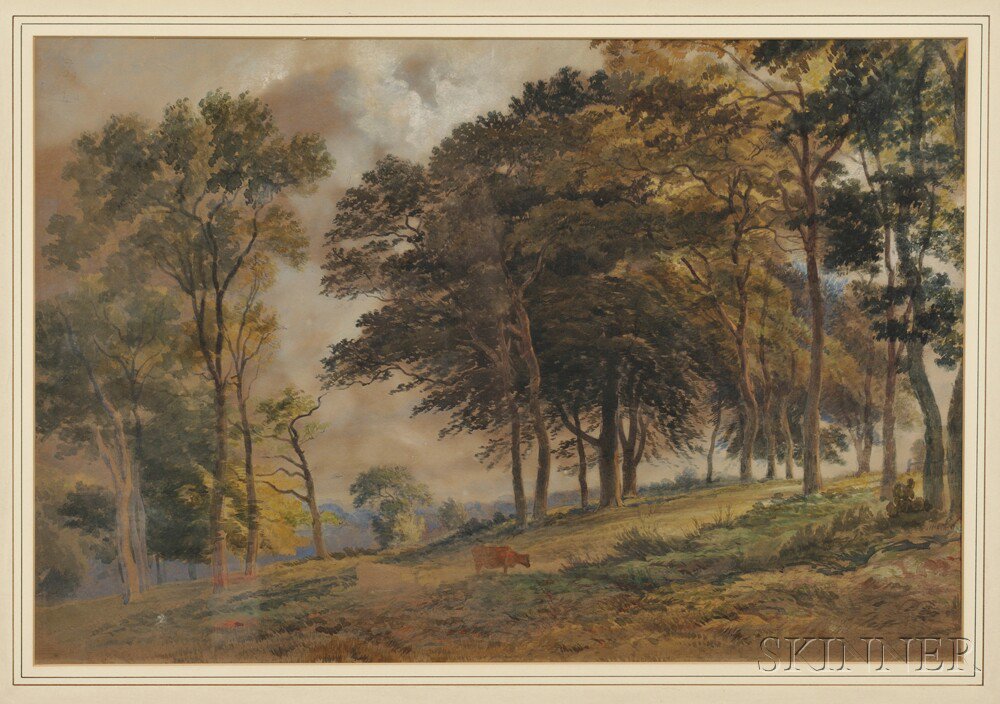 Appraisal: British School th Century Landscape with Tall Trees and Grazing