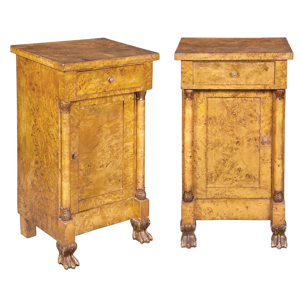 Appraisal: Pair of Baltic Karelian Birch and Parcel Gilt Bedside Cupboards