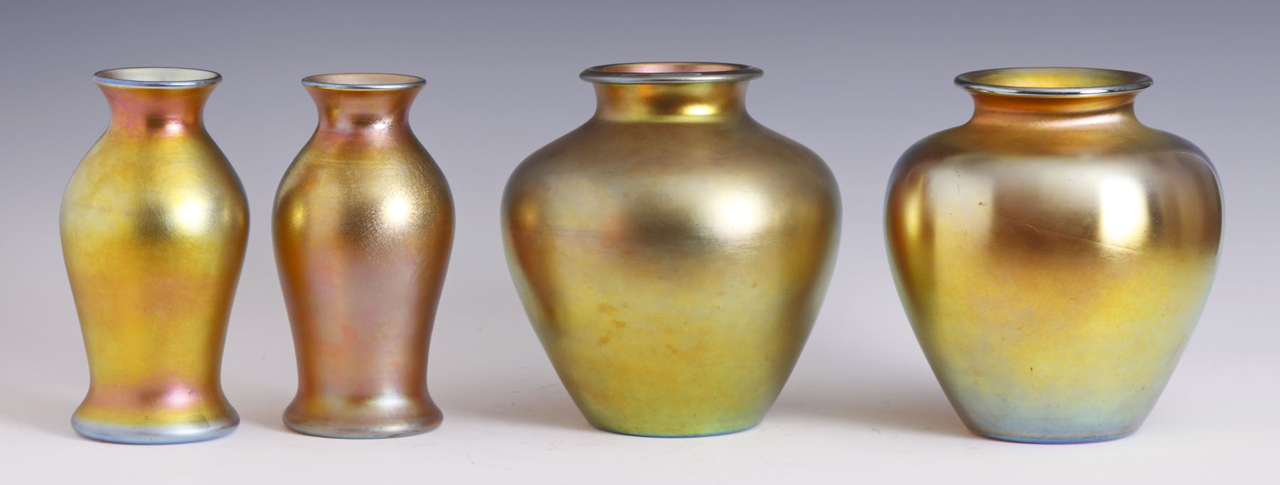 Appraisal: Pr Sgn Quezal Gold Iridescent Vases Excellent Ht