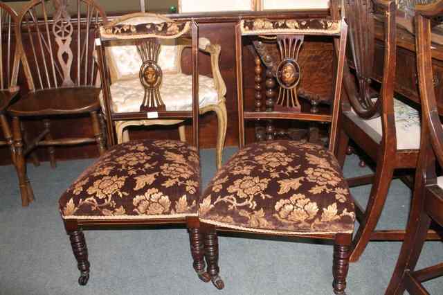 Appraisal: A PAIR OF EDWARDIAN WALNUT OCCASIONAL CHAIRS with inlaid and