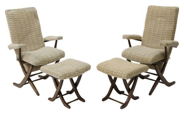 Appraisal: pair French folding lounge chairs and ottomans th c having