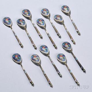 Appraisal: Twelve Russian Silver-gilt and Enamel Coffee Spoons St Petersburg c