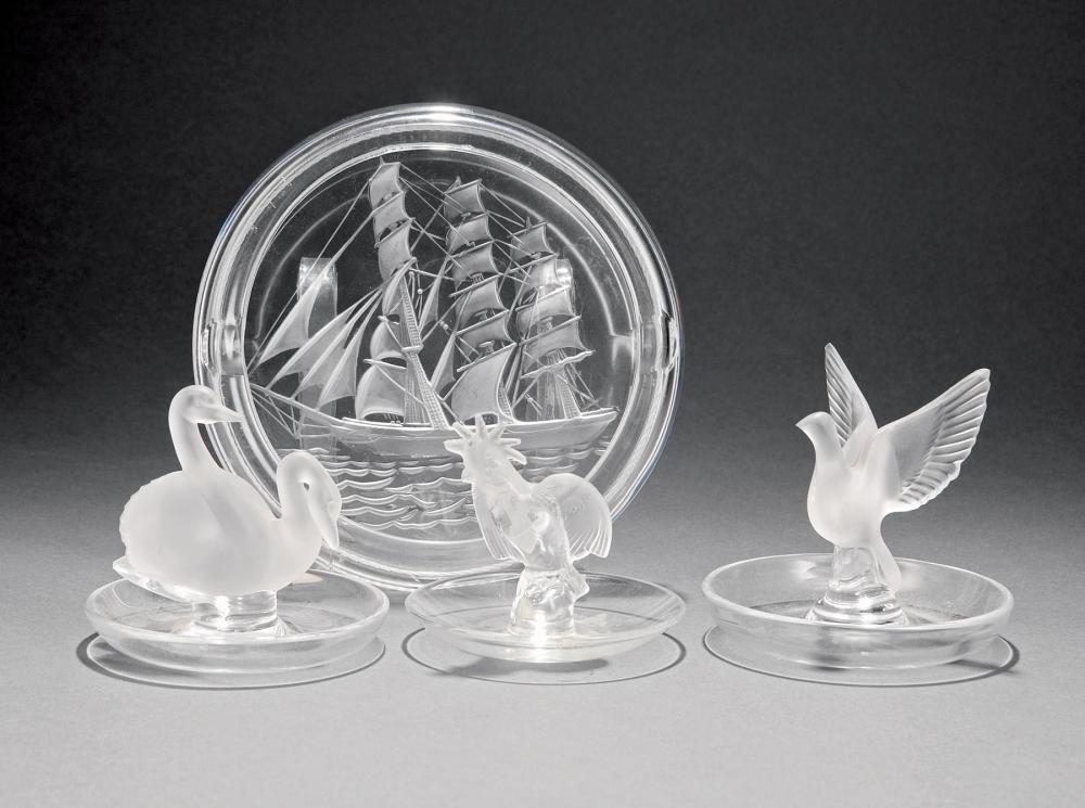 Appraisal: Three Lalique Clear and Frosted Glass Bird Ring Holders etched