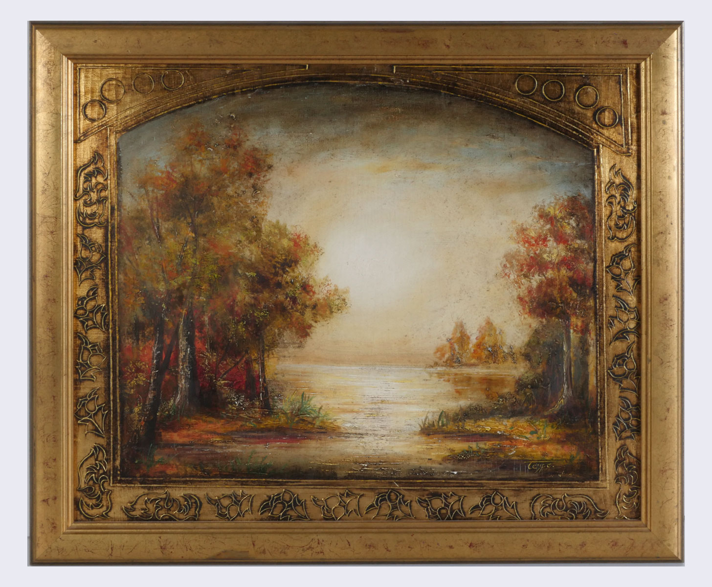 Appraisal: LANDSCAPE PAINTING BY TAYPE Lakeside Landscape Scene with Faux Painted