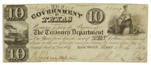 Appraisal: Government of Texas Treasury note dated February signed Mirabeau B