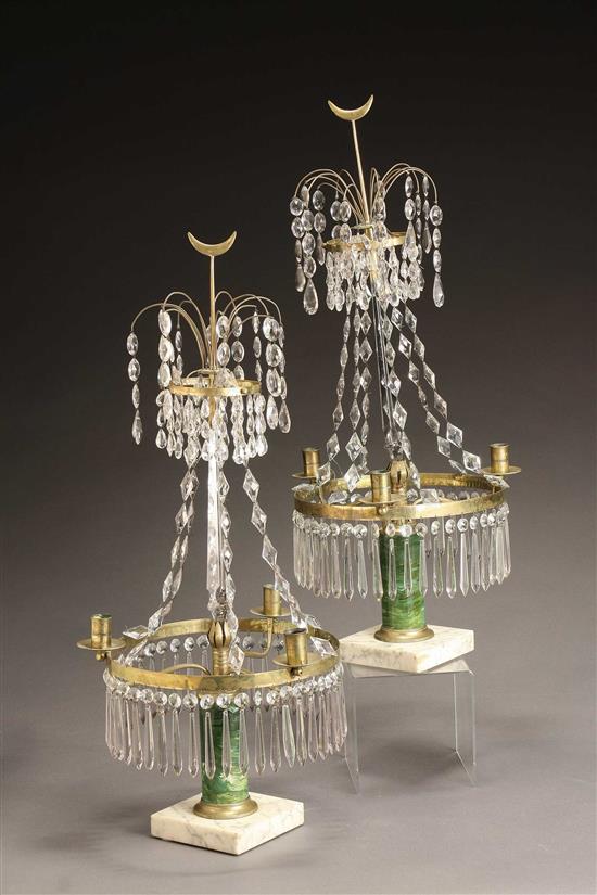 Appraisal: Pair of Baltic Faux Malachite Brass and Cut Glass Three-Light