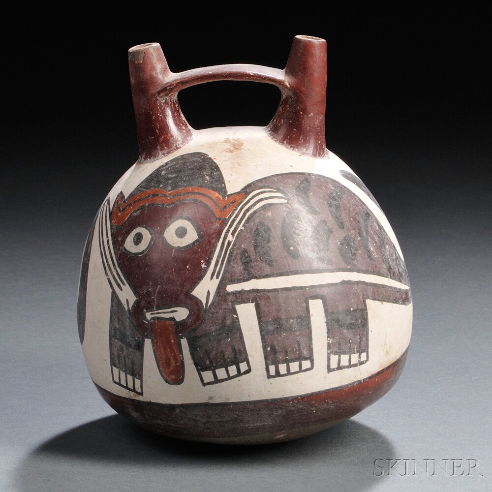 Appraisal: Nasca Stirrup Spout Polychrome Pottery Vessel with two feline effigy