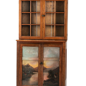 Appraisal: A Paint Decorated Cherry Step-Back Cupboard th Century married between