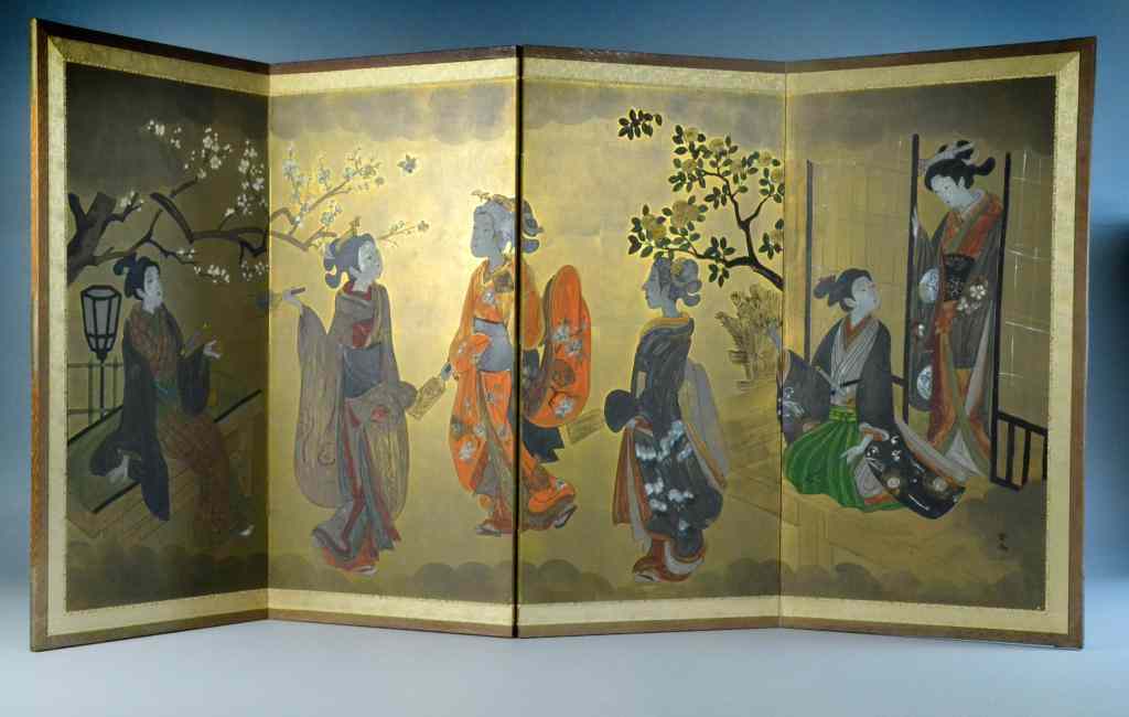 Appraisal: Japanese Four Panel Hand Painted ScreenDepicting figures and warriors under