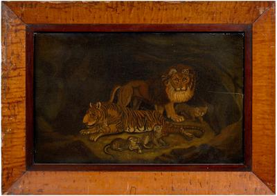 Appraisal: Folk art painting lion and tigress with litter in a