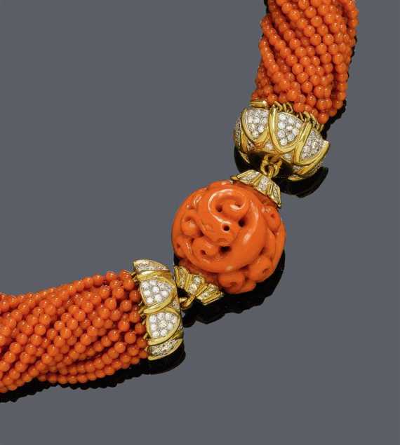 Appraisal: CORAL AND DIAMOND TORSADE Yellow gold Decorative -row necklace of