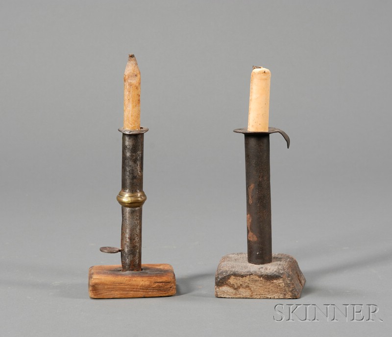 Appraisal: Two Make-Do Iron Hogscraper Candlesticks America early th century both