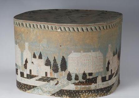 Appraisal: WESLEYAN UNIVERSITY LARGE WALLPAPER COVERED HAT BOX WITH SCENES OF