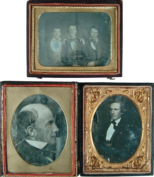 Appraisal: THREE PLATE LEATHER AND WOOD CASED DAGUERREOTYPES Profile bust of