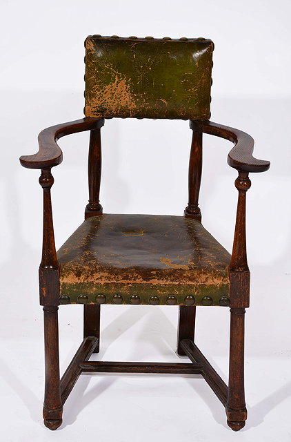 Appraisal: AN EARLY TH CENTURY SMALL SIZED OAK ARMCHAIR with green