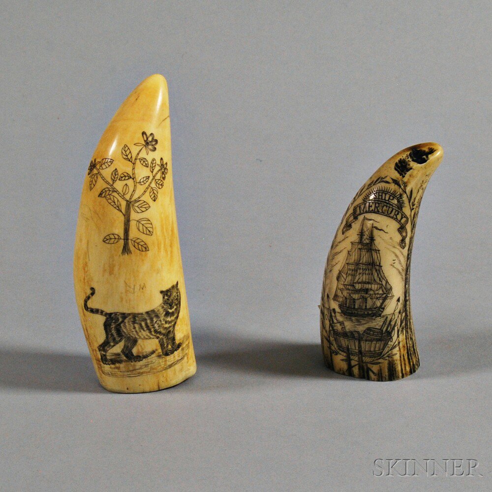 Appraisal: Two Scrimshaw Teeth one reproduction depicting the ship Mercury the