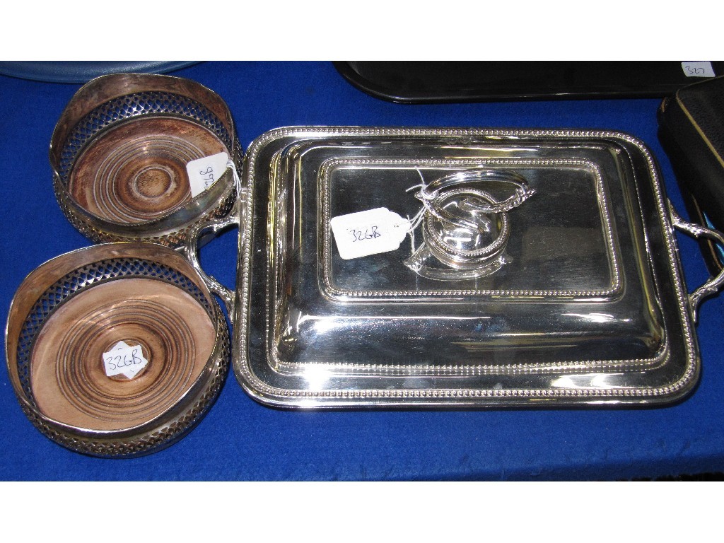 Appraisal: Lot comprising EP entree dish and a pair of silver