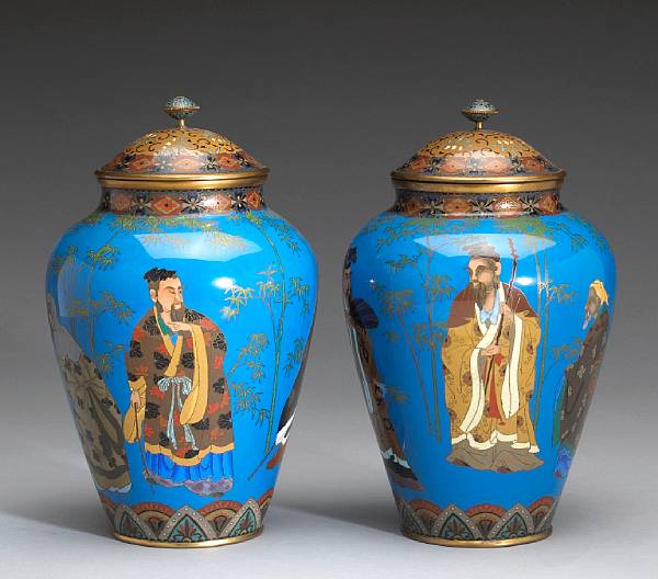 Appraisal: A pair of cloisonne enamel covered urns Meiji Taisho Period