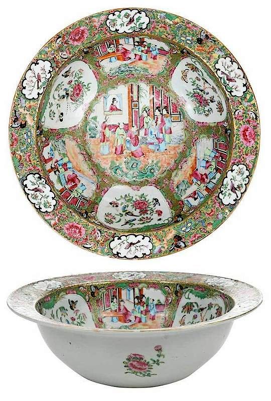 Appraisal: Famille Rose Punch Bowl Chinese late Qing dynasty interior courtyard