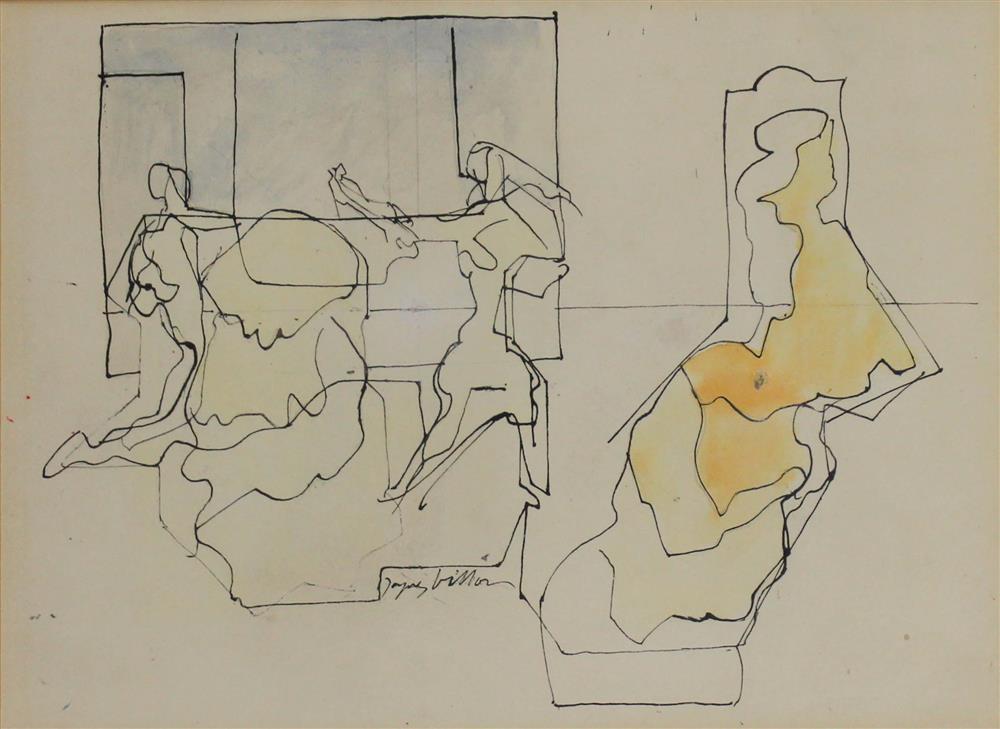 Appraisal: JACQUES VILLON FRENCH - FIGURES IN AN INTERIOR Watercolor and