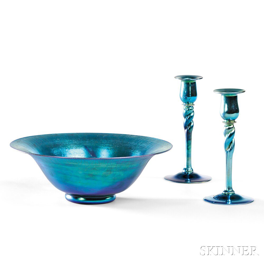 Appraisal: Steuben Blue Aurene Center Bowl and Pair of Candlesticks Art