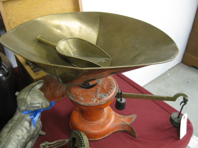 Appraisal: Antique Balance Scale red paint cast iron base brass pan