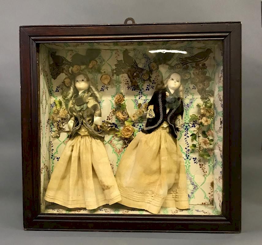 Appraisal: Two Victorian Wax Dolls in Shadow Box Two Victorian wax