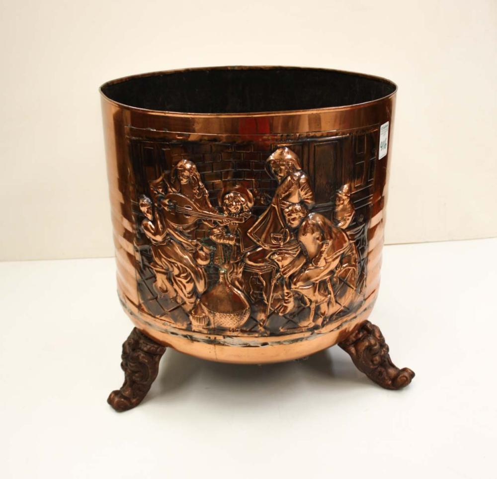 Appraisal: ROUND COPPER REPOUSSE BOILER KINDLING BUCKET Standing on three later