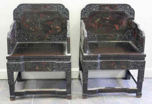 Appraisal: Pair of Asian Lacquered Finely Carved and PaintDecorated Arm Chairs