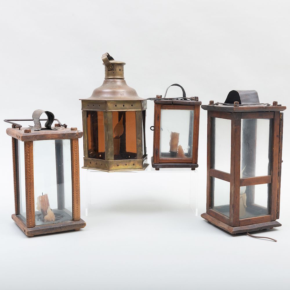 Appraisal: Group of Three Wood and Glass Lanterns and a Brass