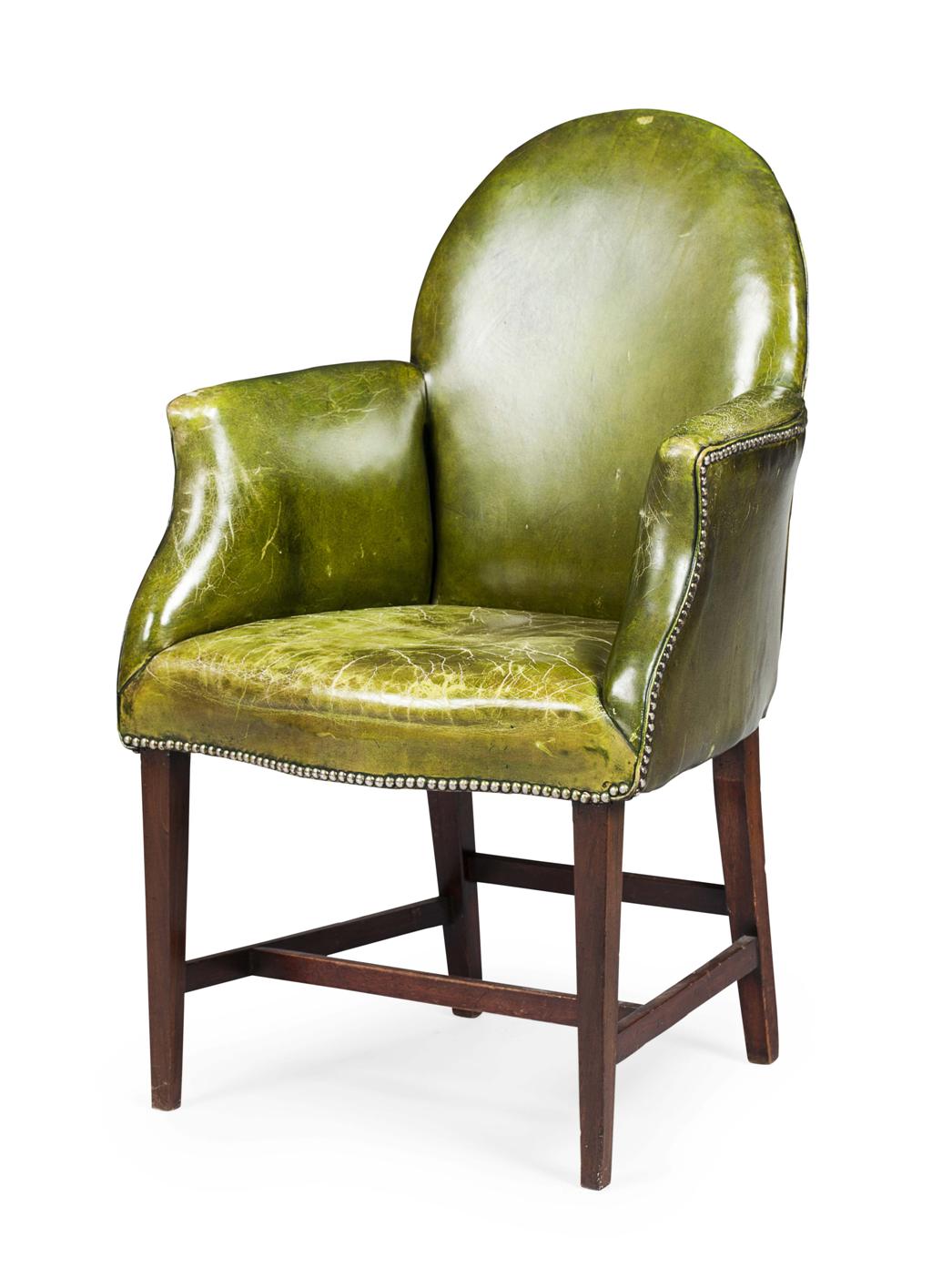 Appraisal: SCOTTISH REGENCY GREEN LEATHER ARMCHAIR EARLY TH CENTURY the arched