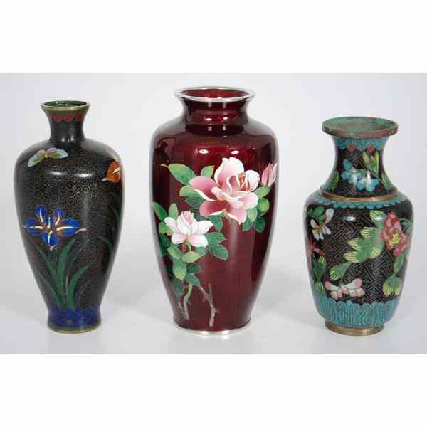 Appraisal: Japanese Cloisonne Vases Japanese Three cloisonn cabinet vases two with