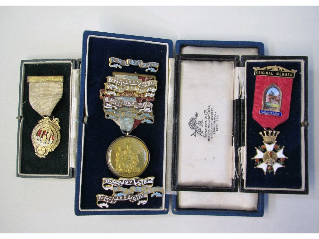 Appraisal: Lot comprising two silver and enamel Masonic medal and one