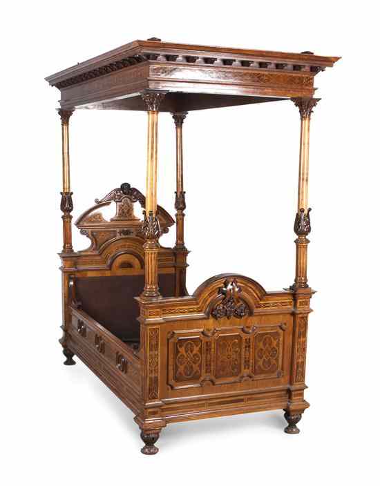 Appraisal: An American Renaissance Revival Marquetry Tester Bed having a rectangular