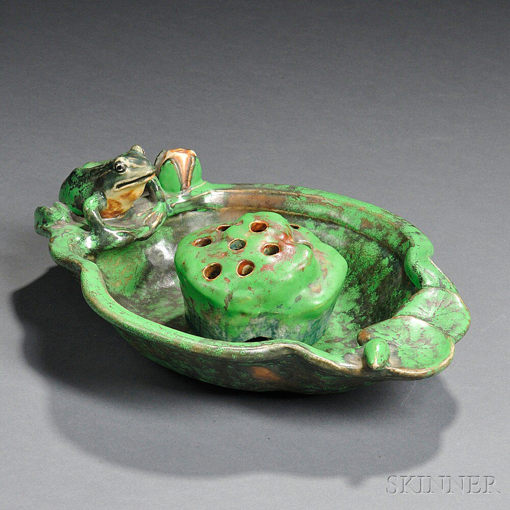 Appraisal: Weller Coppertone Frog Dish with Flower Frog Pottery Ohio s